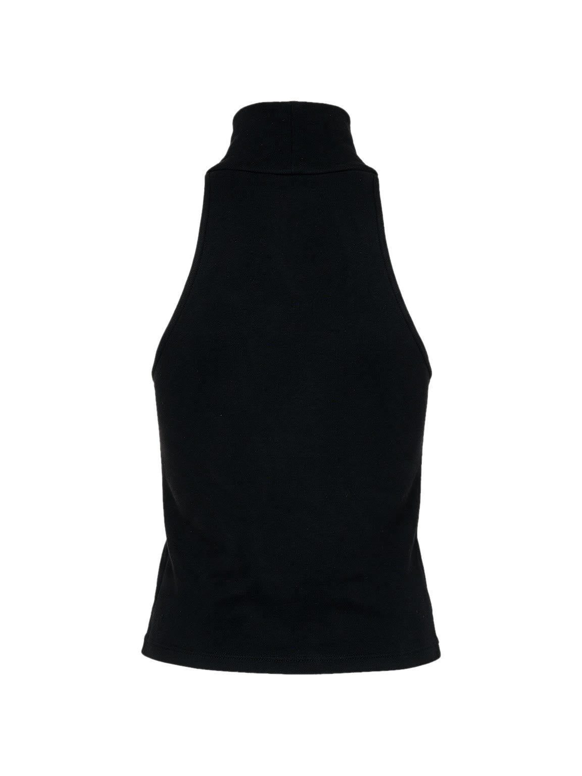 Black sleeveless high neck top with leather banding and studs