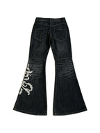 Black flare jeans with white filigree embroidery