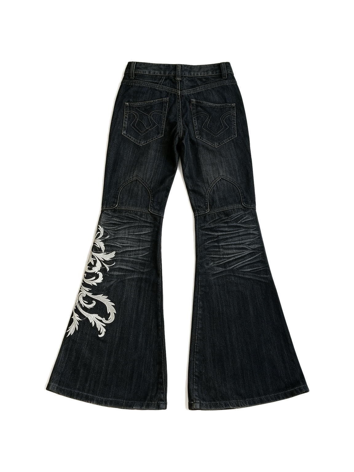 Black flare jeans with white filigree embroidery