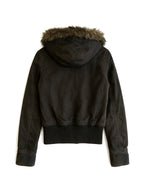 Brown cropped aviator jacket with a faux fur hood