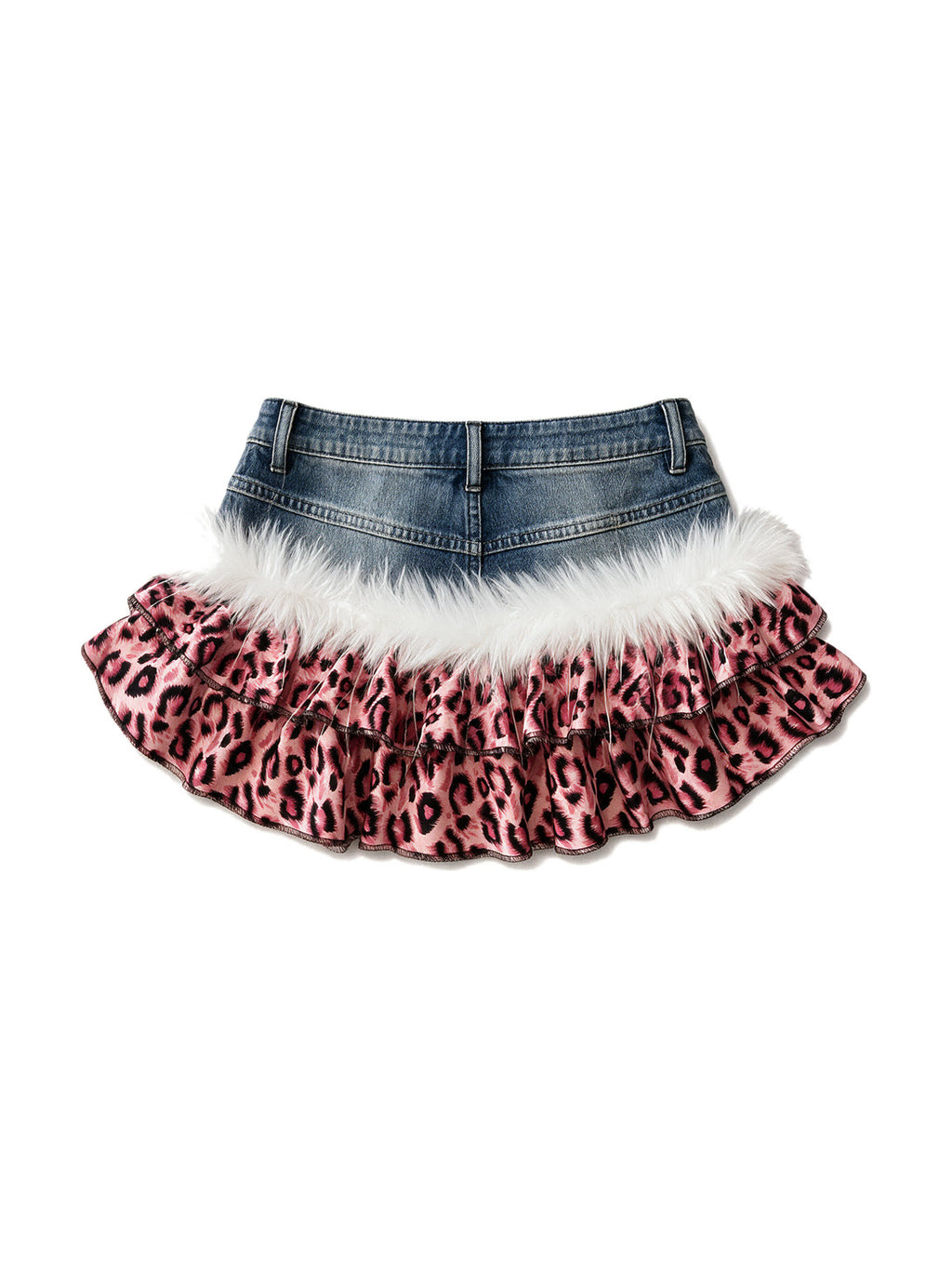 Denim mini skirt with white fur and pink leopard ruffle trim
