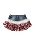 Denim mini skirt with white fur and pink leopard ruffle trim