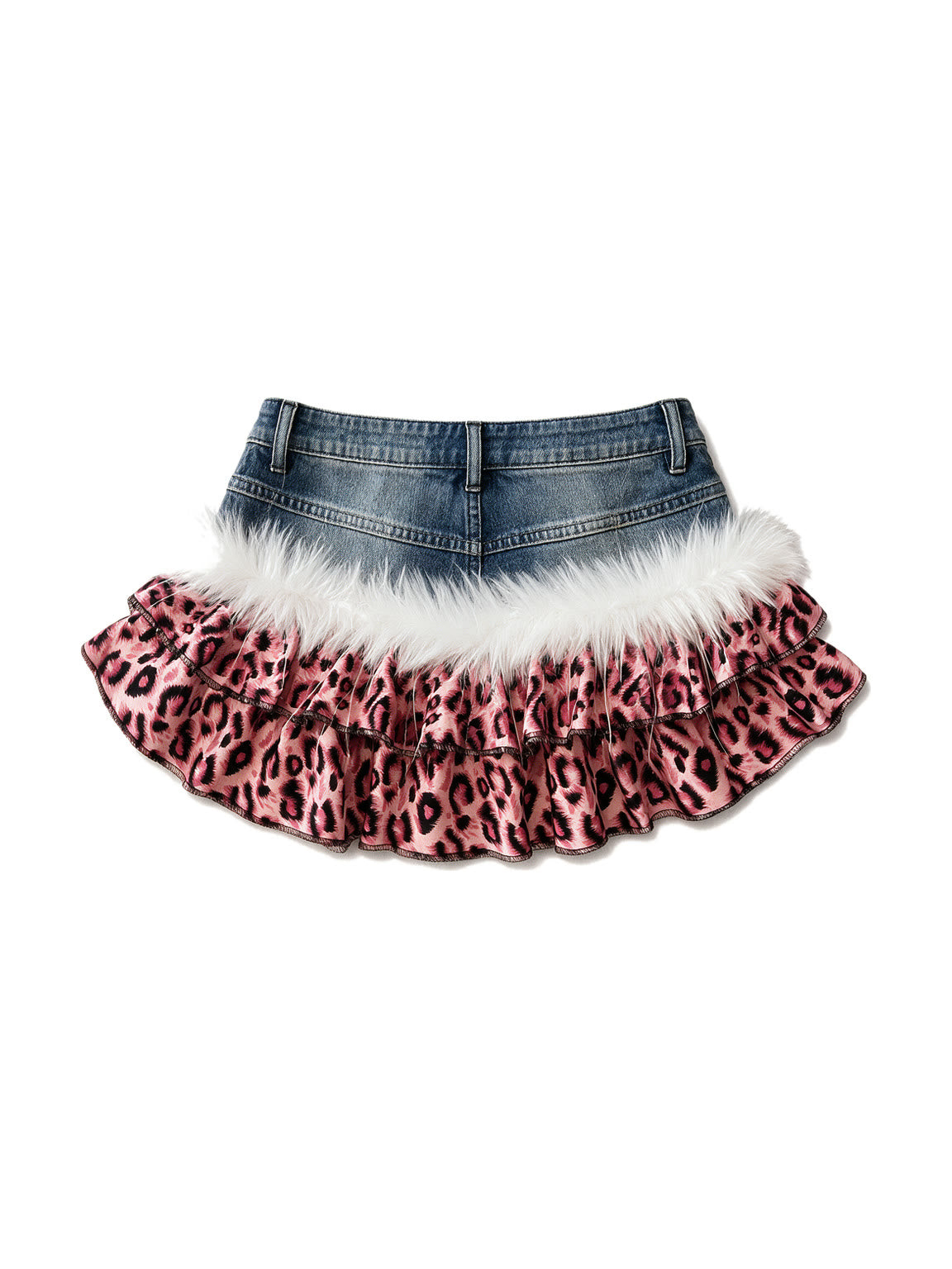 Denim mini skirt with white fur and pink leopard ruffle trim