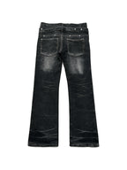 Dark washed flare jeans with a double laced waistband