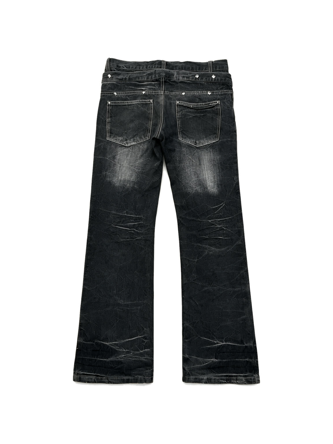 Dark washed flare jeans with a double laced waistband