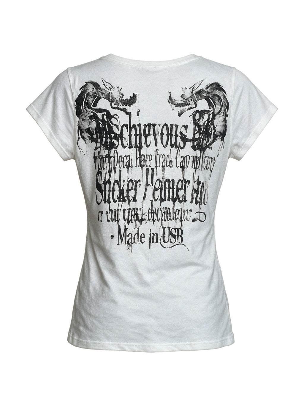 White baby tee with winged blackletter print