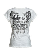 White baby tee with winged blackletter print
