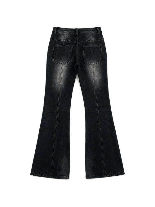 Washed black flare jeans with an asymmetric waistband