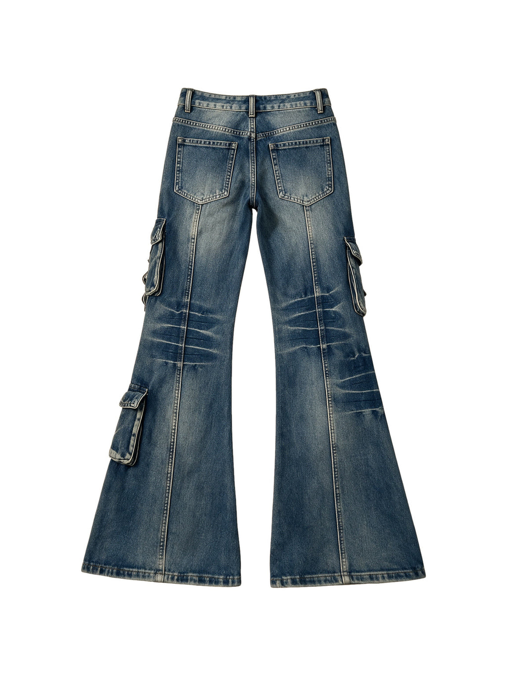 Washed blue cargo flare jeans with thigh pockets
