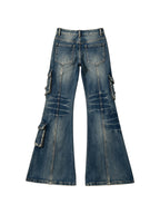 Washed blue cargo flare jeans with thigh pockets
