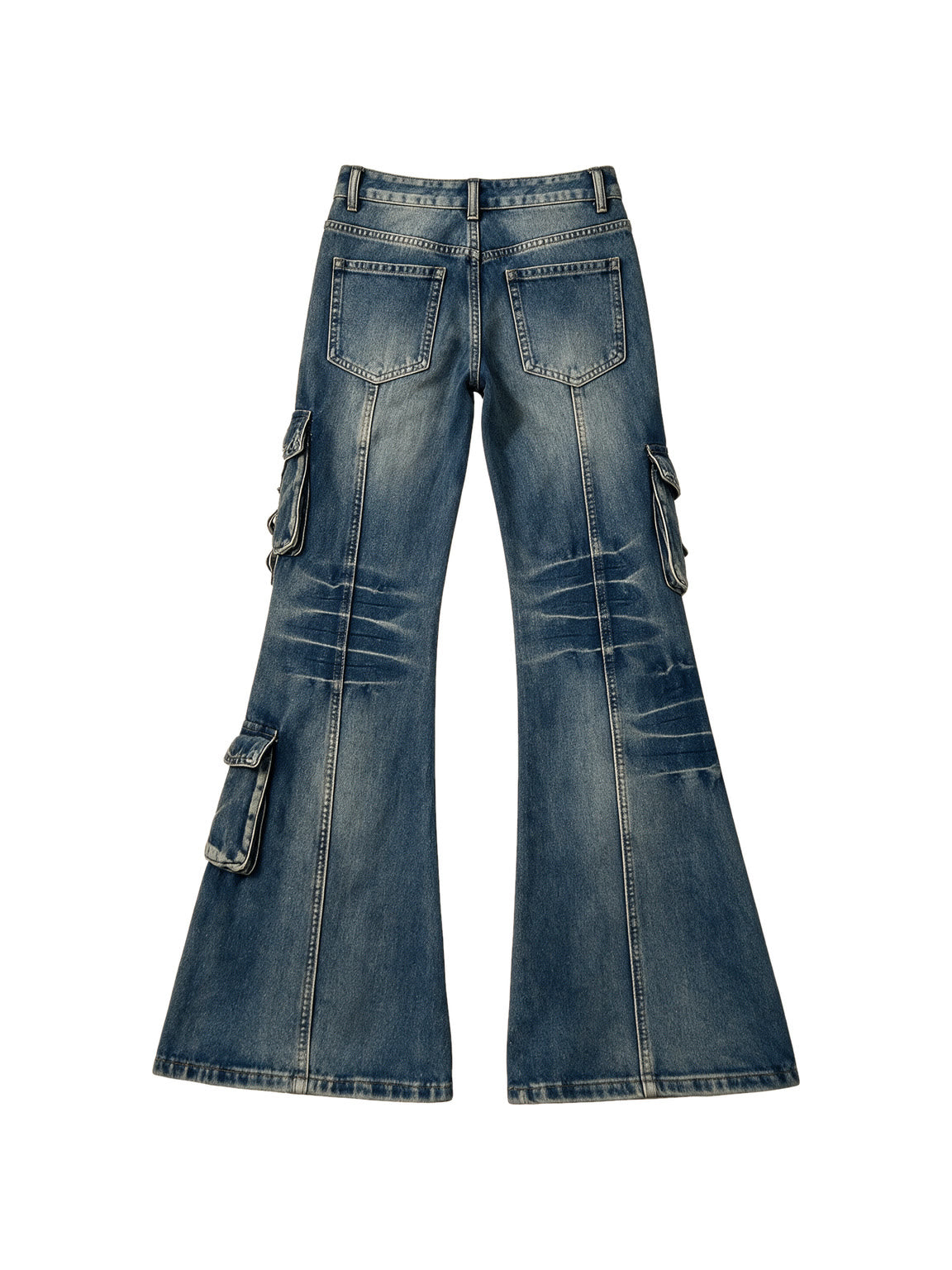 Washed blue cargo flare jeans with thigh pockets