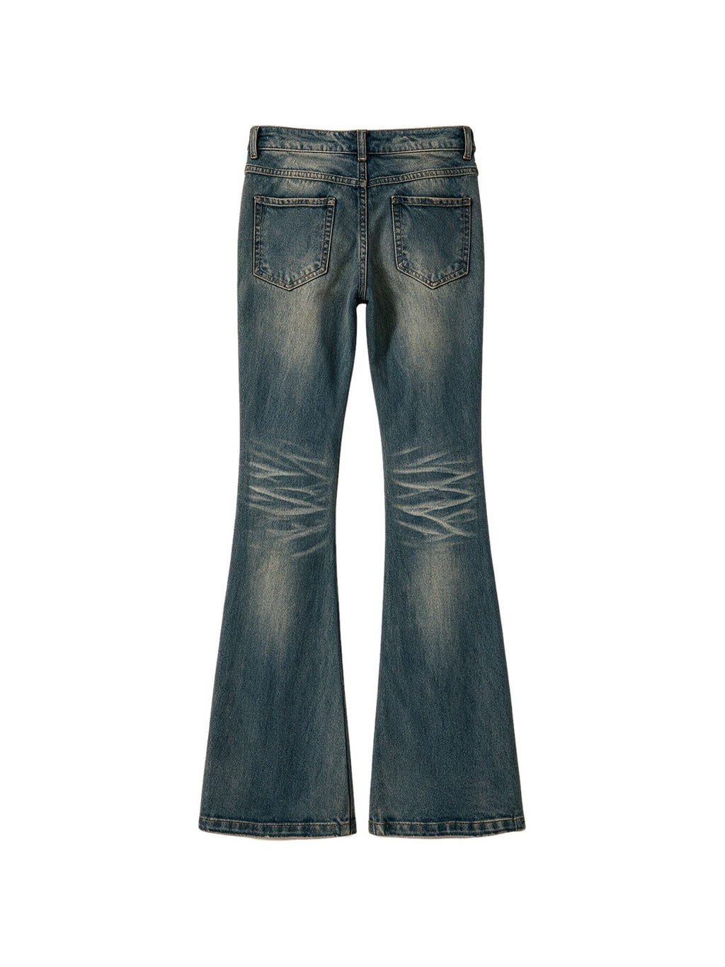 Washed blue flare jeans with a cross patch on the leg