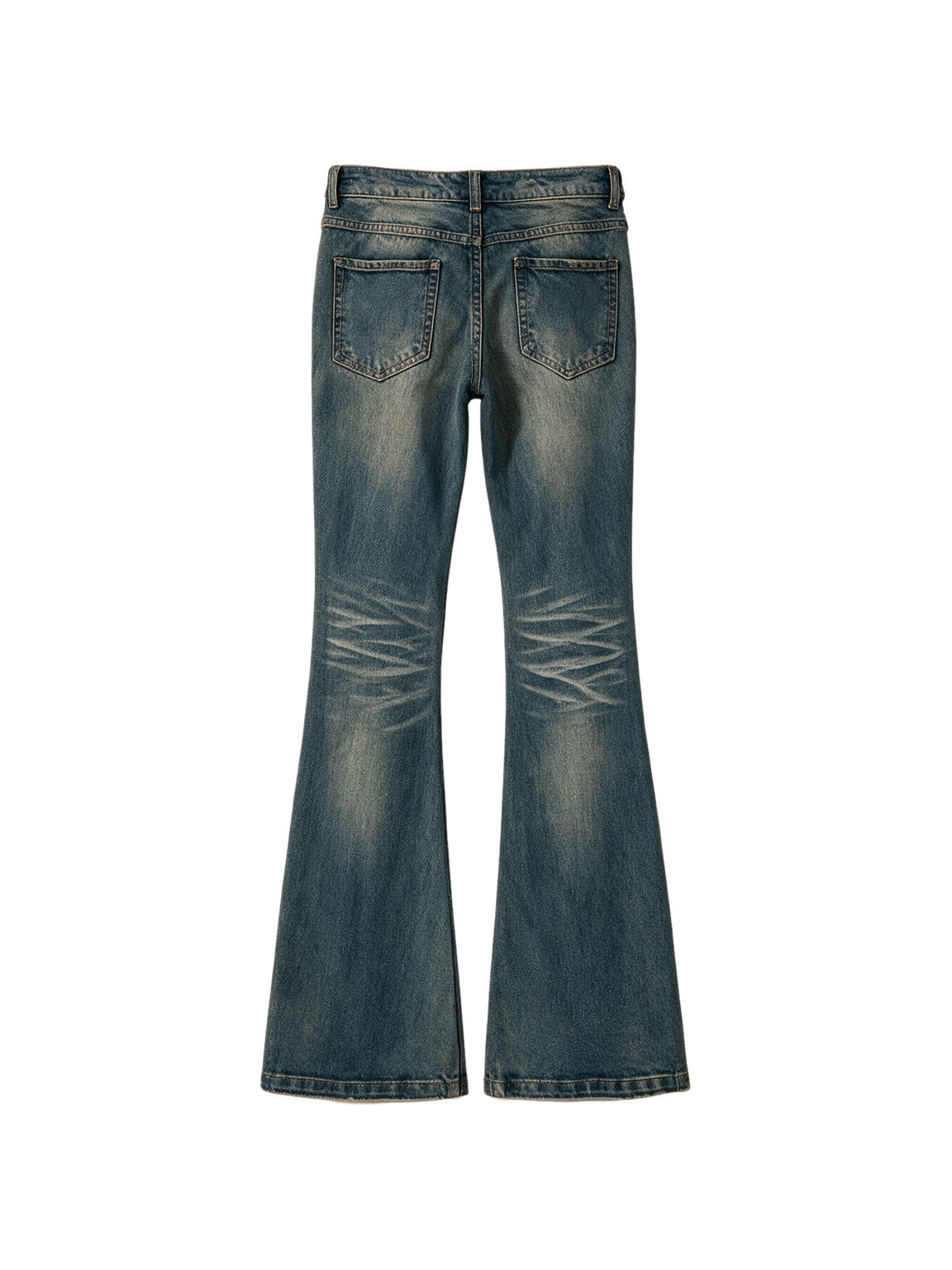 Washed blue flare jeans with a cross patch on the leg