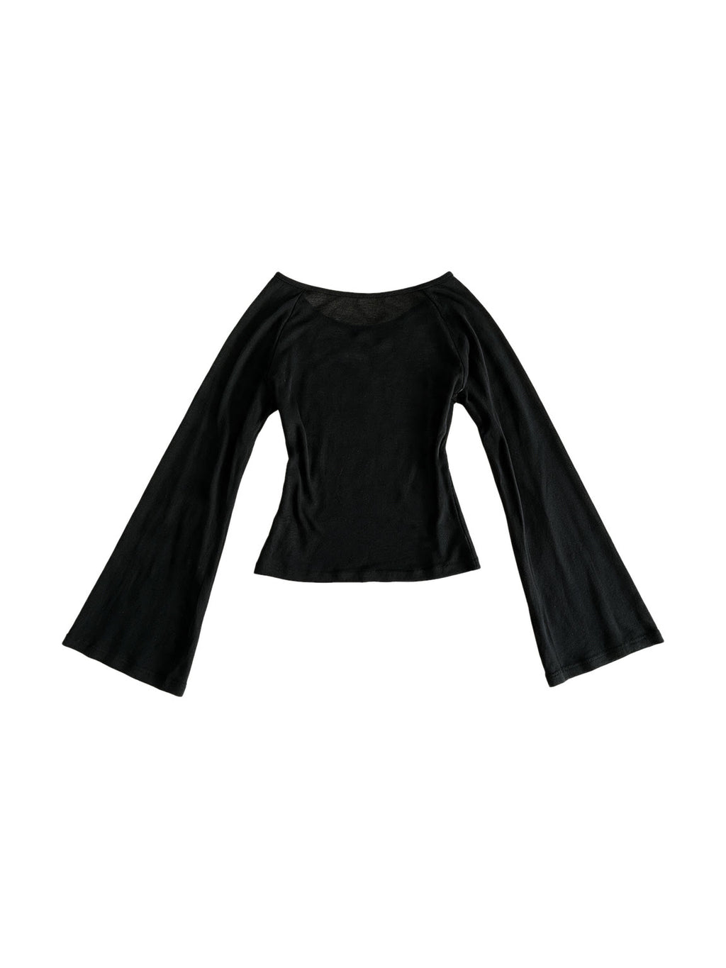 Black off shoulder top with lace panel and flared sleeves