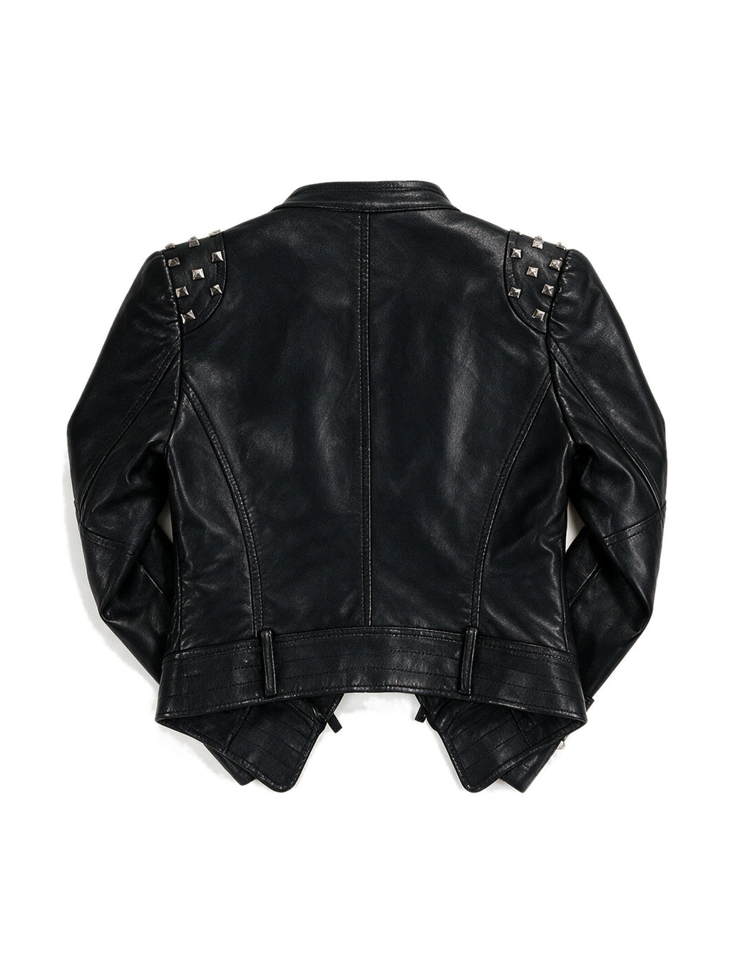 Cropped black leather moto jacket with studded shoulders