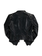 Cropped black leather moto jacket with studded shoulders