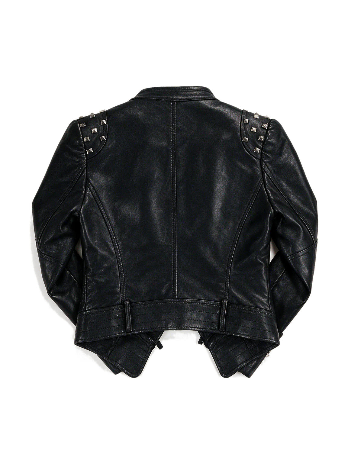 Cropped black leather moto jacket with studded shoulders