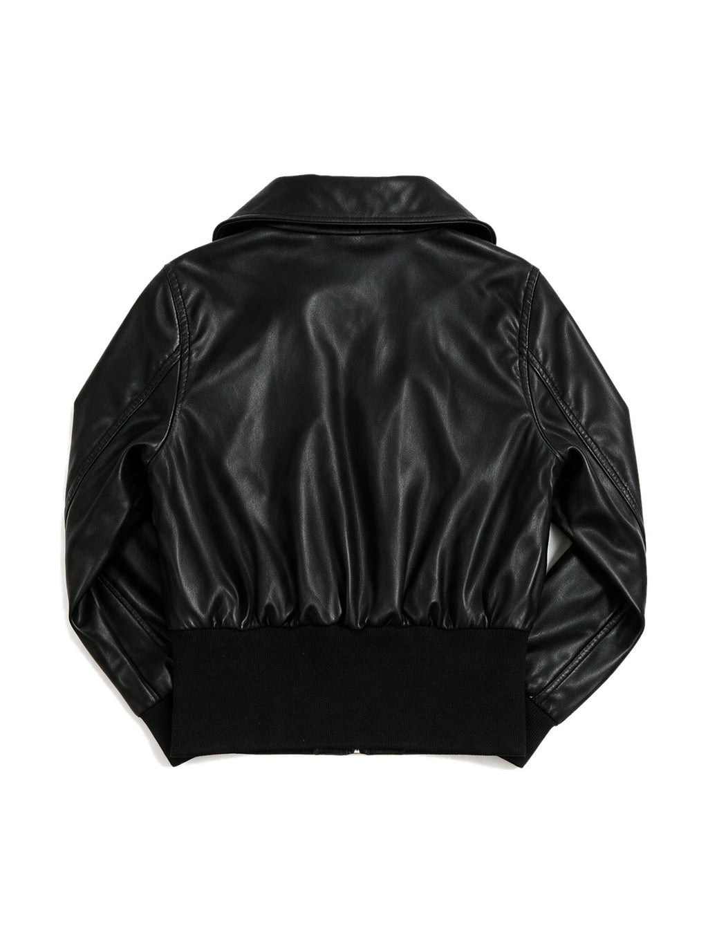Black leather bomber jacket with a wide collar and ribbed hem