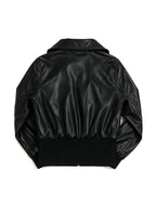 Black leather bomber jacket with a wide collar and ribbed hem