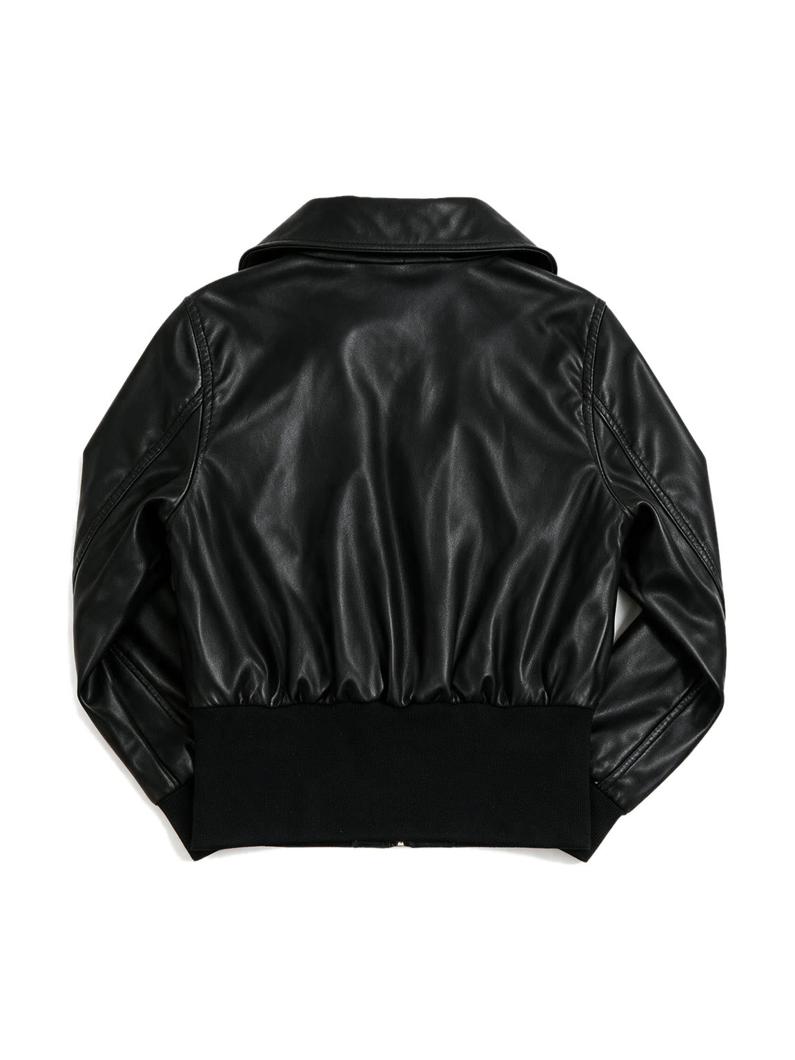 Black leather bomber jacket with a wide collar and ribbed hem