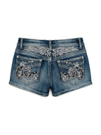 Washed blue denim shorts with rivets and winged embroidery