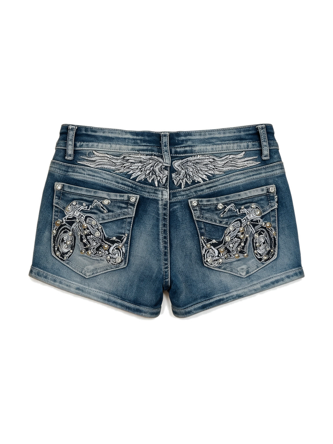 Washed blue denim shorts with rivets and winged embroidery