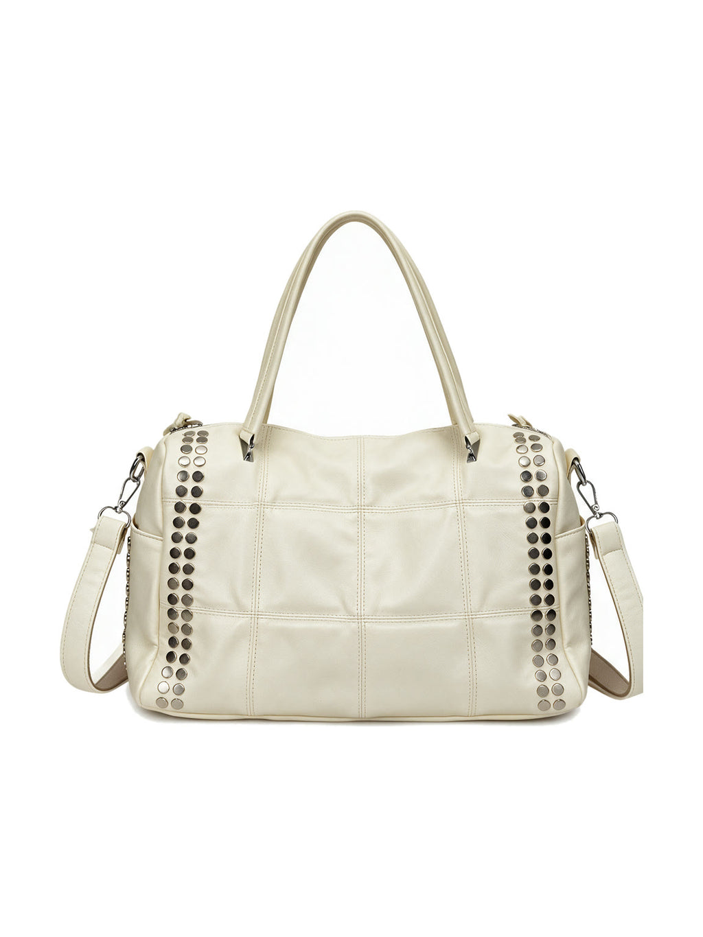 Ivory leather moto tote bag with silver studs