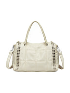Ivory leather moto tote bag with silver studs