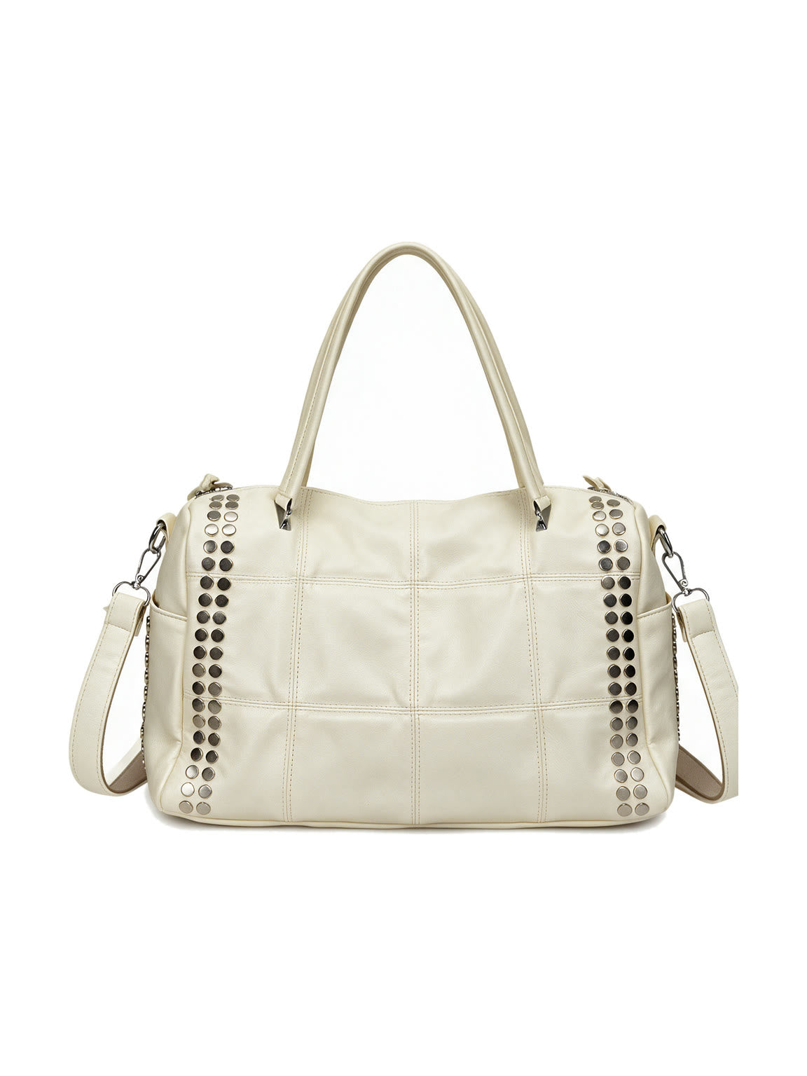 Ivory leather moto tote bag with silver studs