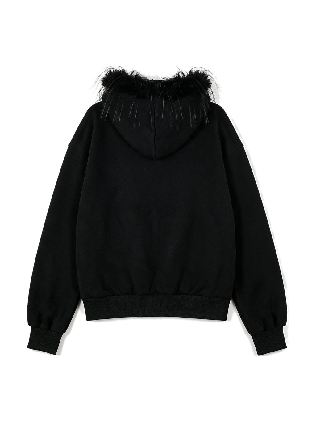 Black zip bomber jacket with a faux fur trimmed hood