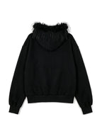 Black zip bomber jacket with a faux fur trimmed hood