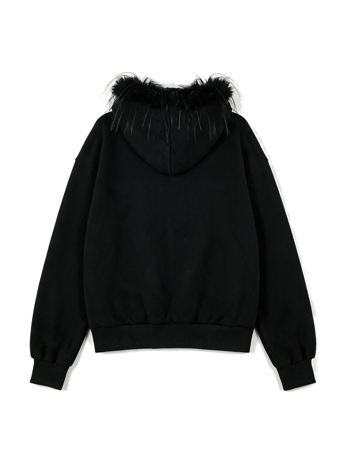 Black zip bomber jacket with a faux fur trimmed hood