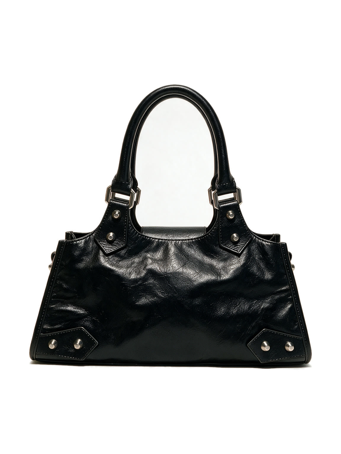 Black leather baguette bag with a large silver star and studs