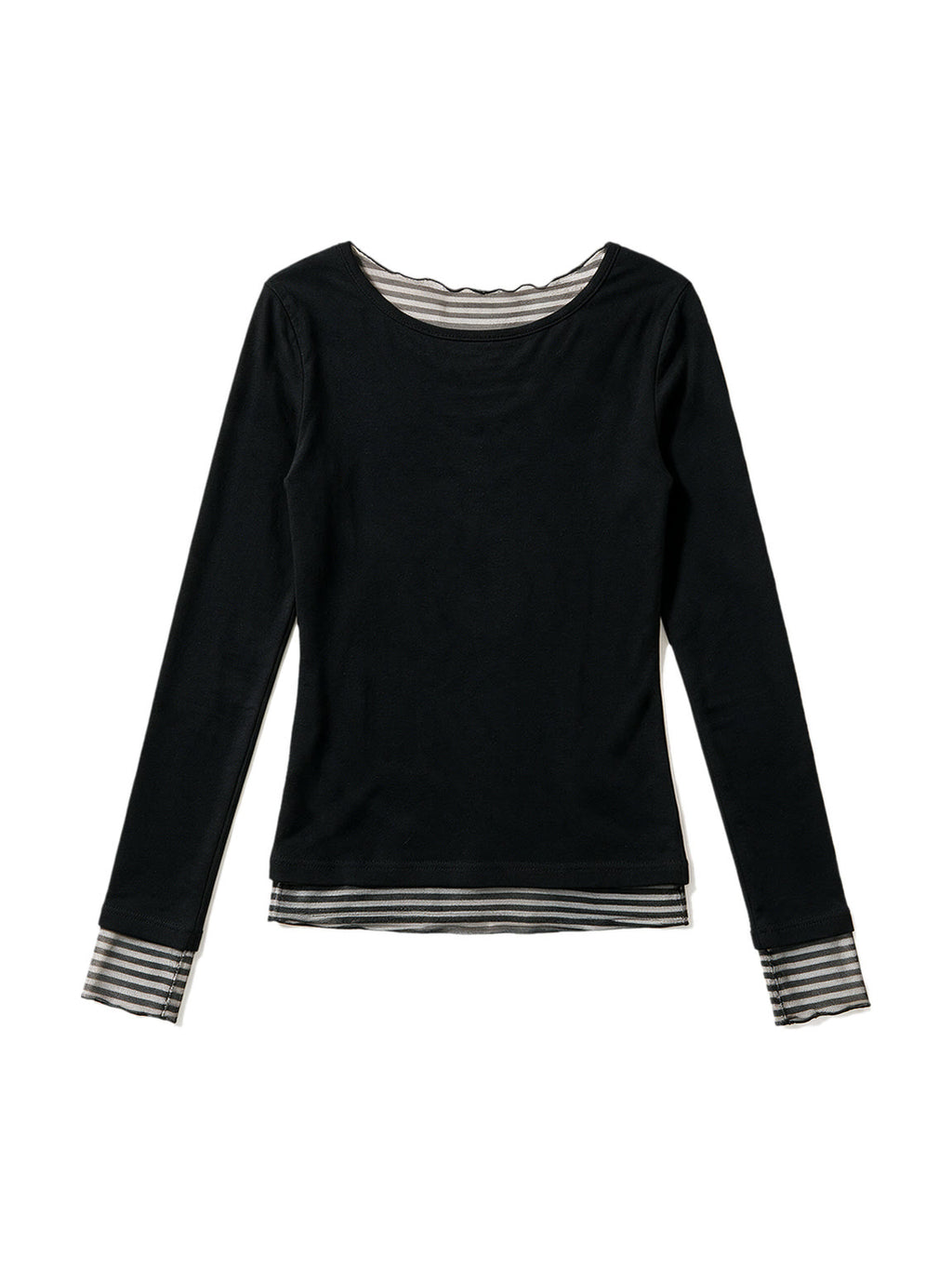 Black long sleeve top with false striped layer and tattoo print