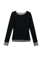 Black long sleeve top with false striped layer and tattoo print