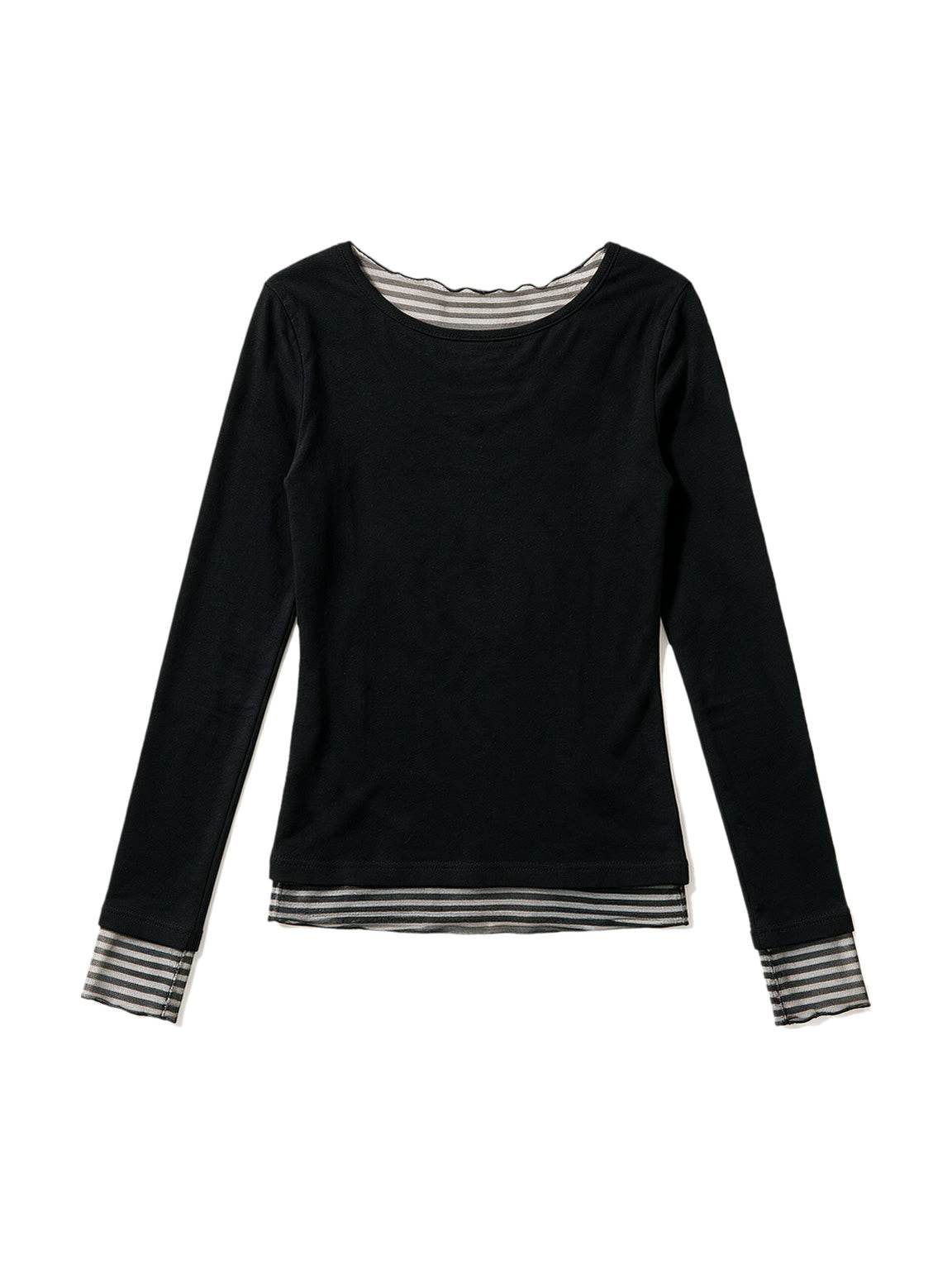 Black long sleeve top with false striped layer and tattoo print