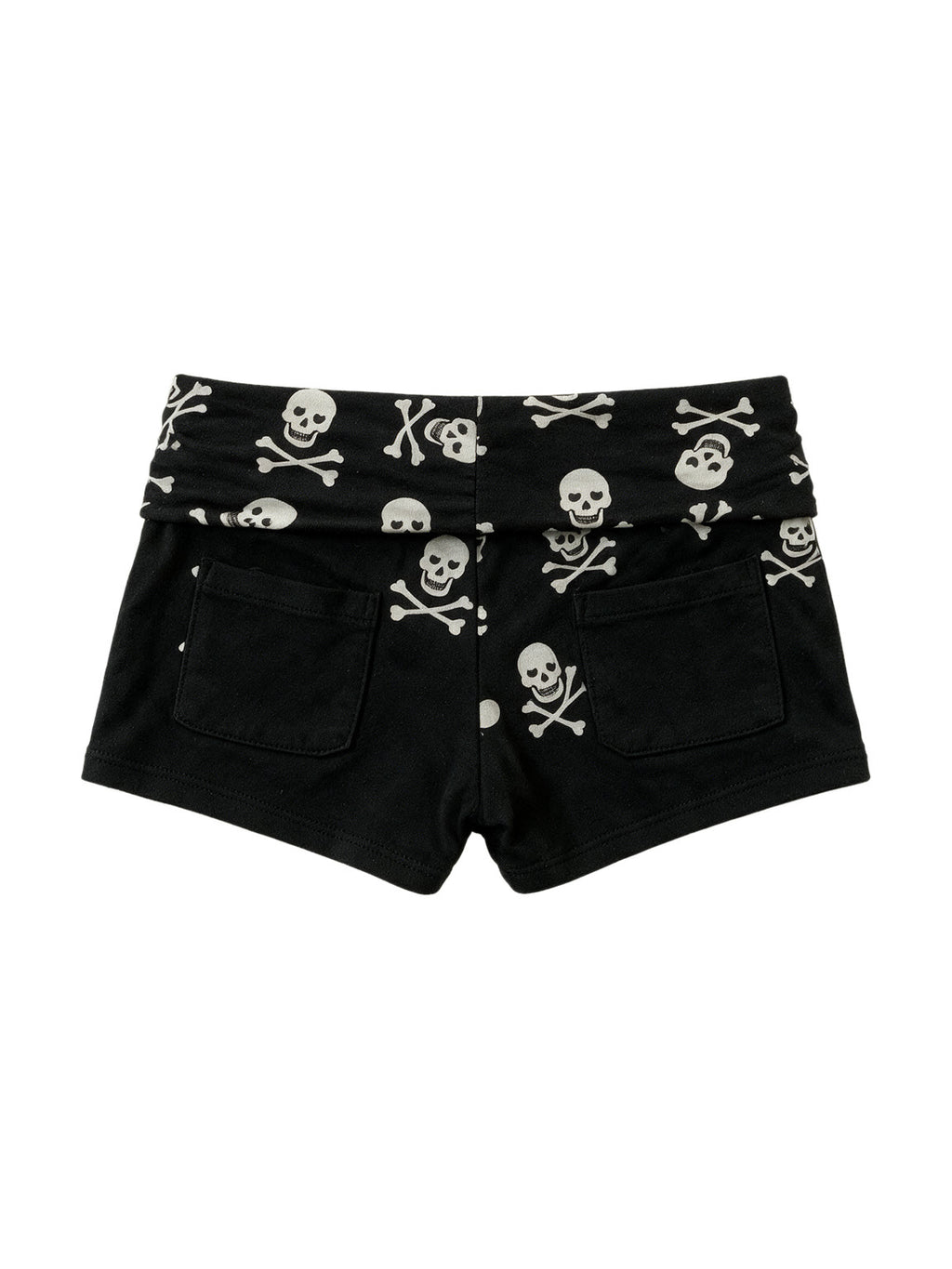 Black shorts with a skull and crossbones printed waistband