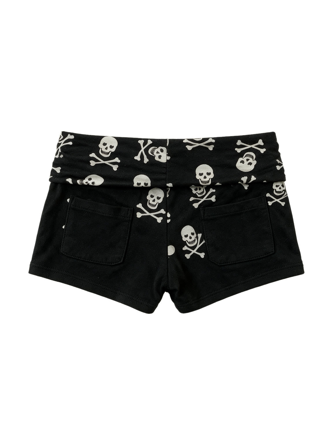 Black shorts with a skull and crossbones printed waistband