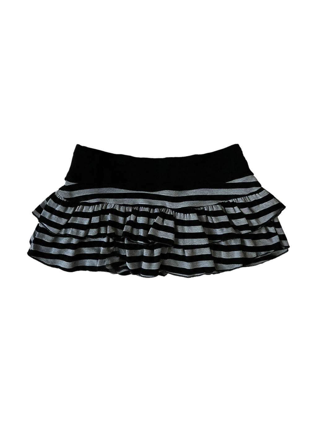 Grey and black striped tiered micro skirt with a velvet waistband