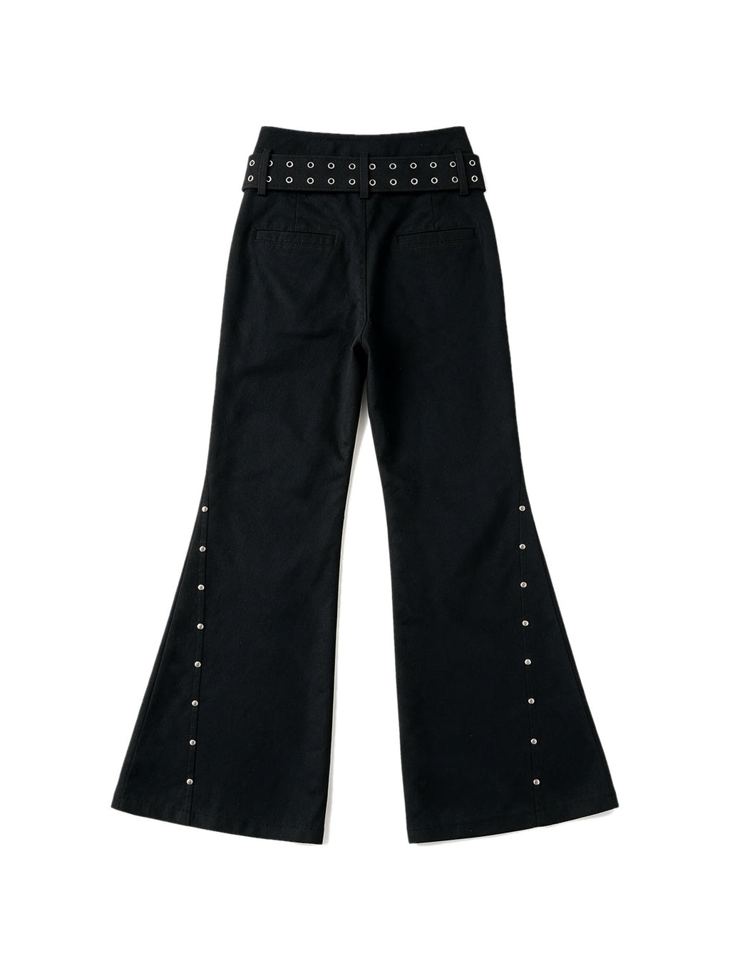 Black cargo flare trousers with rivets and a studded belt