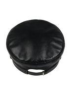 Black leather baker boy cap with a silver buckle band