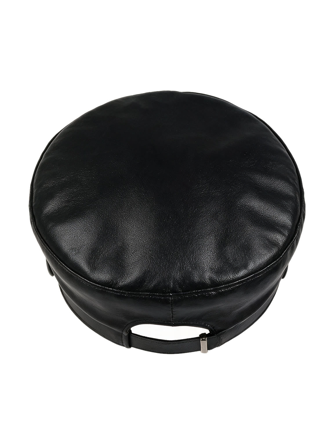 Black leather baker boy cap with a silver buckle band