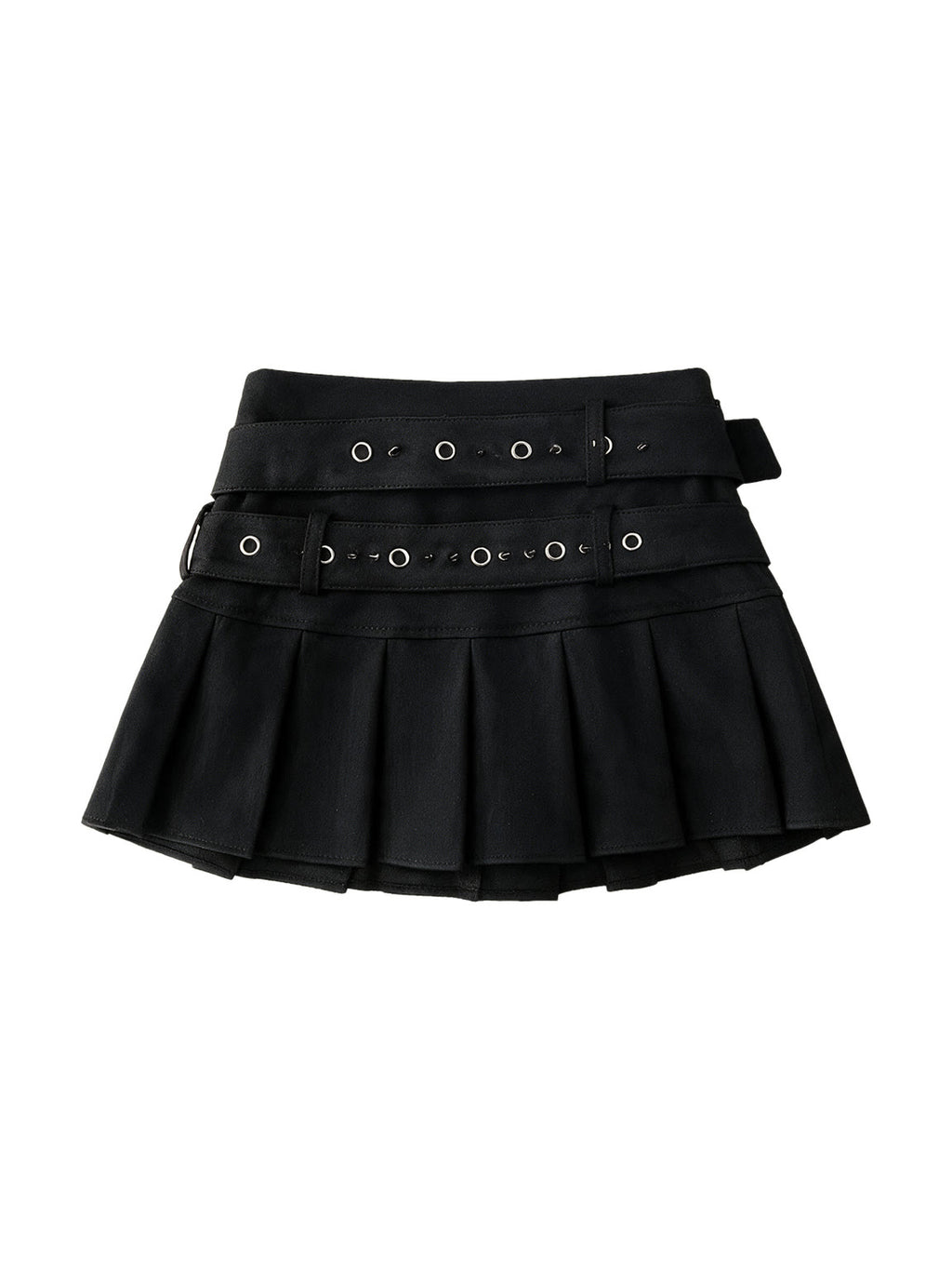 Black pleated mini skirt with two buckled eyelet belts