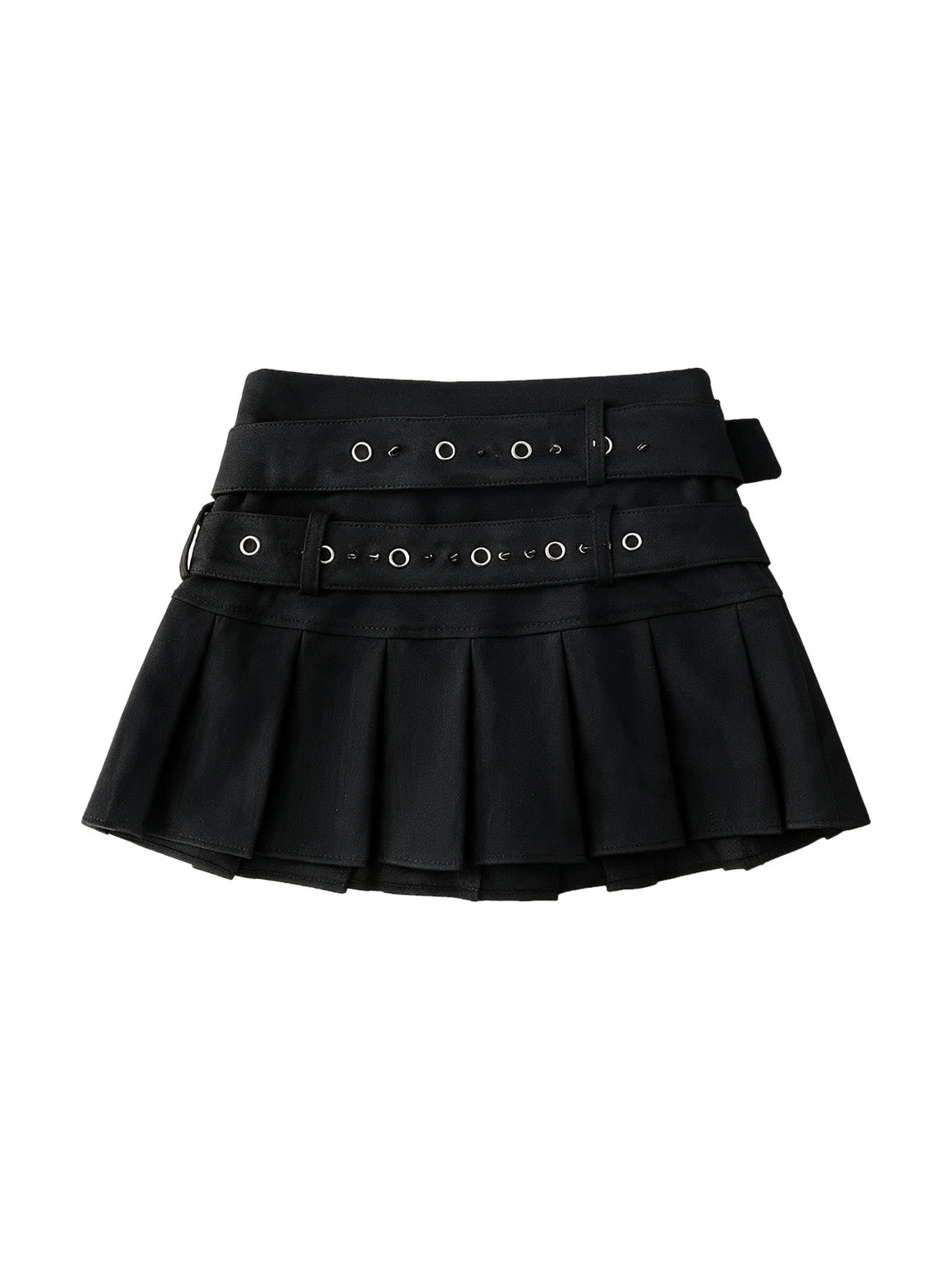 Black pleated mini skirt with two buckled eyelet belts