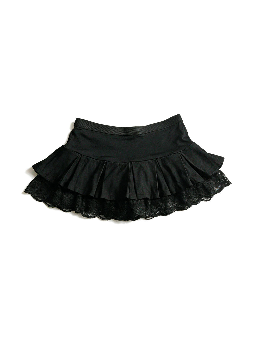Black ruffle mini skirt with lace trim and satin bows