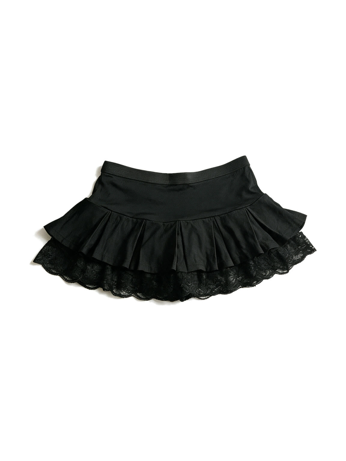 Black ruffle mini skirt with lace trim and satin bows