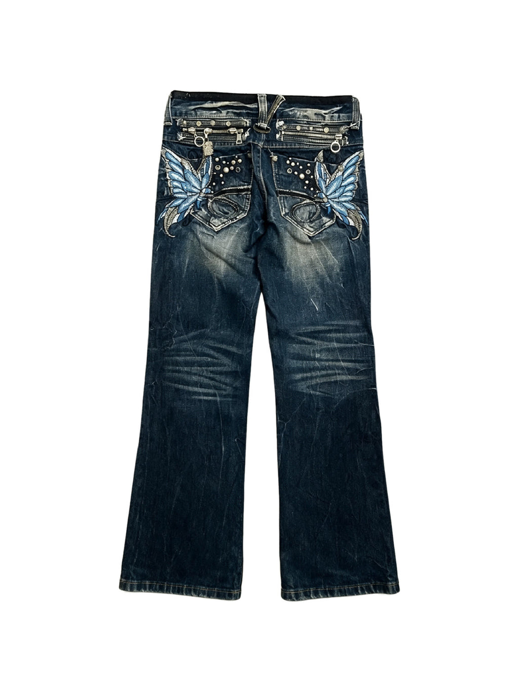 Blue bootcut jeans with crystal set back pockets