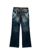 Blue bootcut jeans with crystal set back pockets