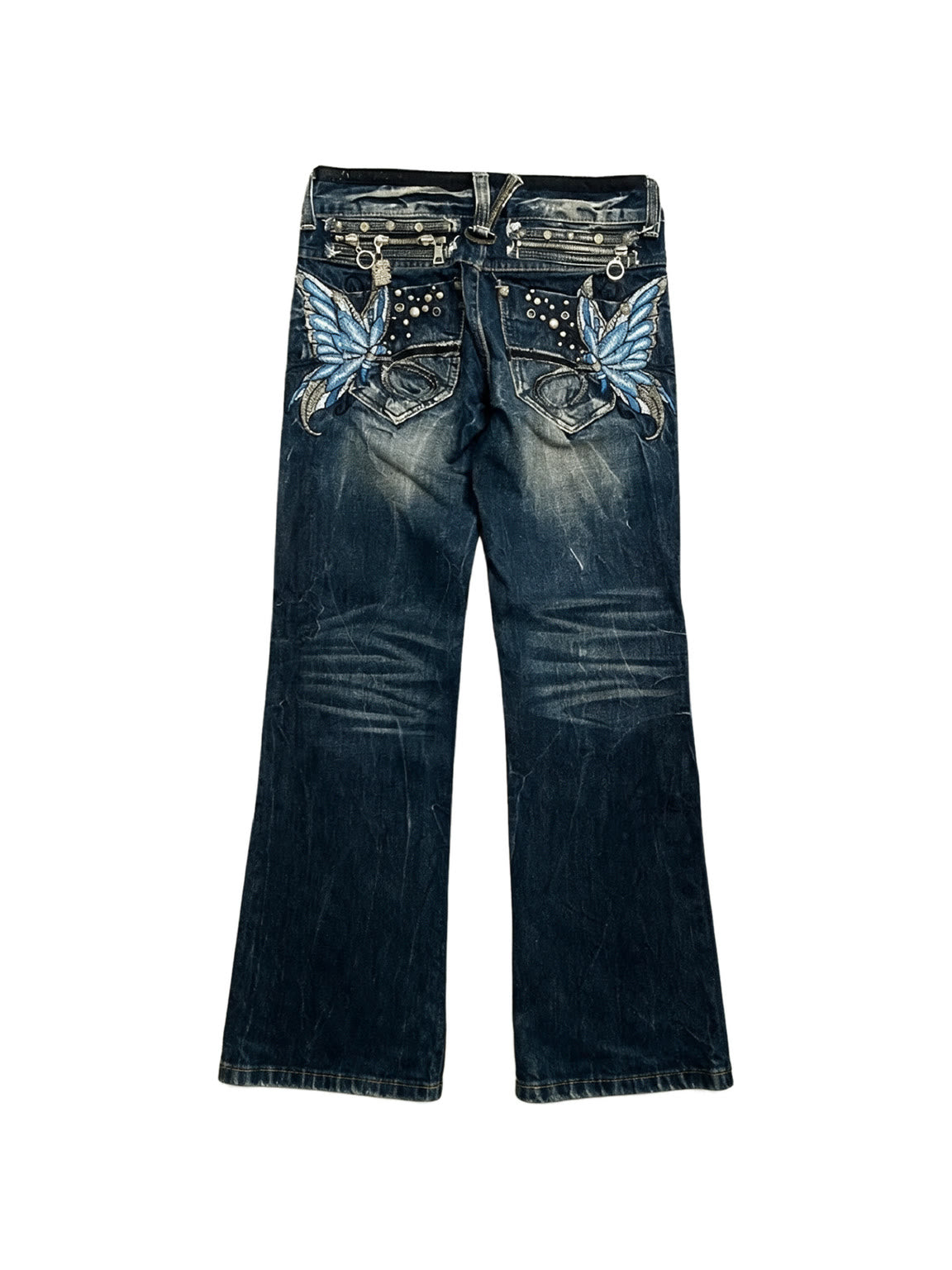 Blue bootcut jeans with crystal set back pockets