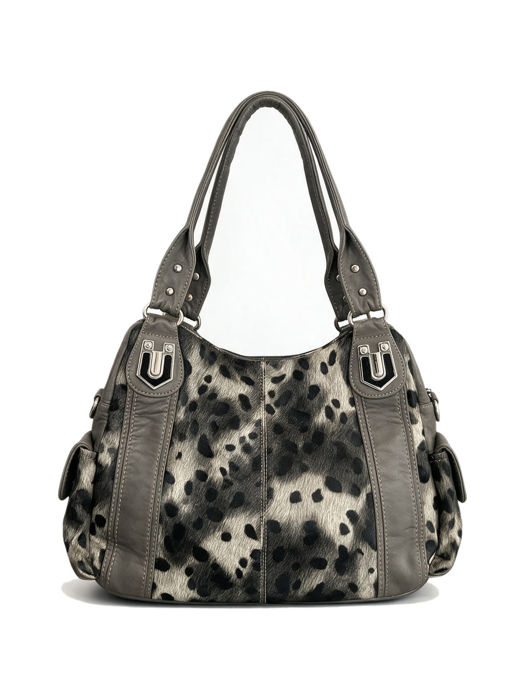 Grey leopard print hobo bag with silver chains and a star charm